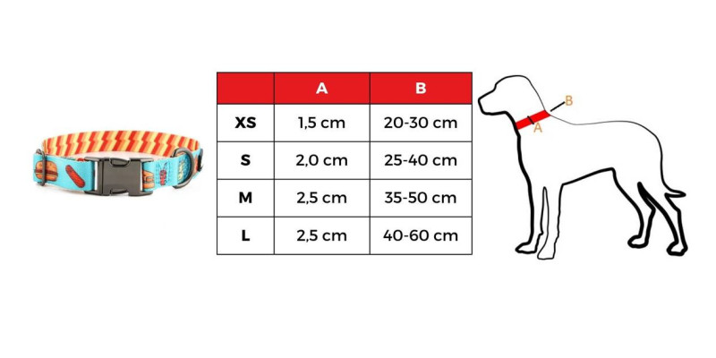 Tabela rozmiarów dla obroży HUGGY DOGGY Lucky Fast Food, dostępne rozmiary od XS do L.