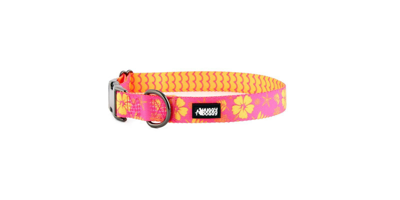 Stylowa obroża HUGGY DOGGY z kwiatowym wzorem i personalizowaną aluminiową klamrą