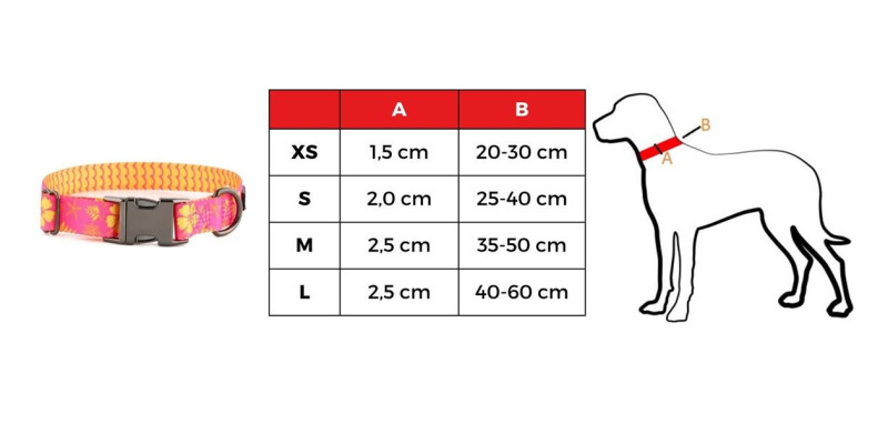 Tabela rozmiarów dla obroży HUGGY DOGGY Lucky Flower, dostępne rozmiary od XS do L