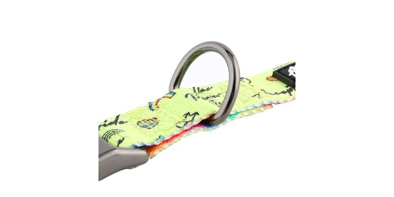 Designerska obroża HUGGY DOGGY z unikalnym wzorem Lime Rainbow, z możliwością grawerowania