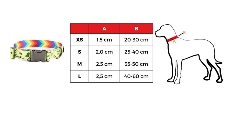 Tabela rozmiarów dla obroży HUGGY DOGGY Lucky Lime Rainbow, dostępne rozmiary od XS do L