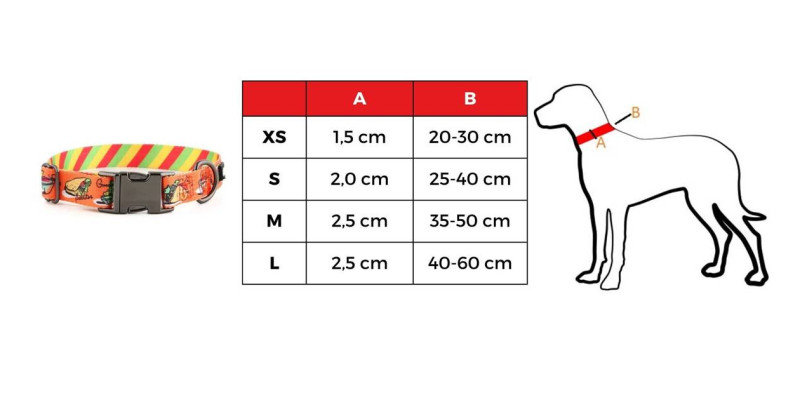 Tabela rozmiarów dla obroży HUGGY DOGGY Lucky Tacos, dostępne rozmiary od XS do L