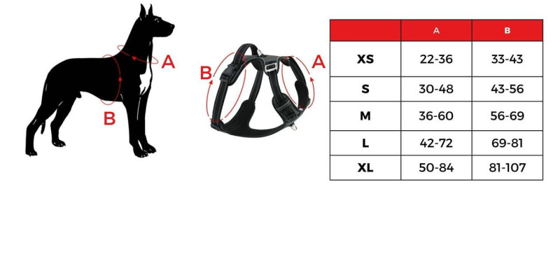 Tabela rozmiarów dla szarych szelek Walky Guard od HUGGY DOGGY dostosowana do różnych ras psów rozmiary XS S M L XL