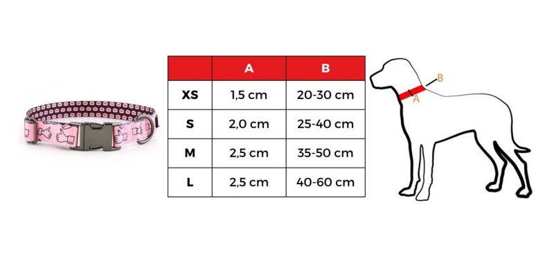 Tabela rozmiarów dla obroży HUGGY DOGGY Lucky Thumbs, dostępne rozmiary od XS do L