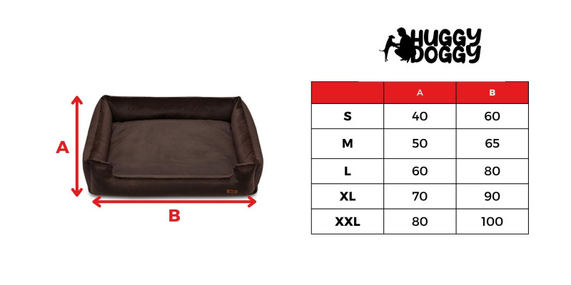 Tabela rozmiarów legowiska HUGGY DOGGY Haven brązowe, dostępne opcje dla różnych ras psów