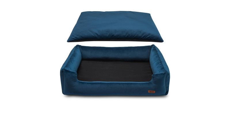 Eleganckie legowisko welurowe HUGGY DOGGY Haven granatowe, rozmiar L, dla psa rasy Shih Tzu