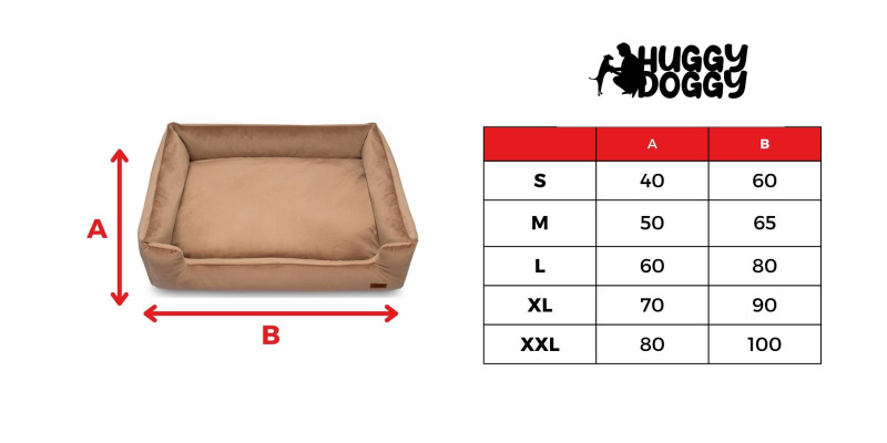 Tabela rozmiarów legowiska HUGGY DOGGY Haven beżowe, dostępne rozmiary dla różnych ras psów