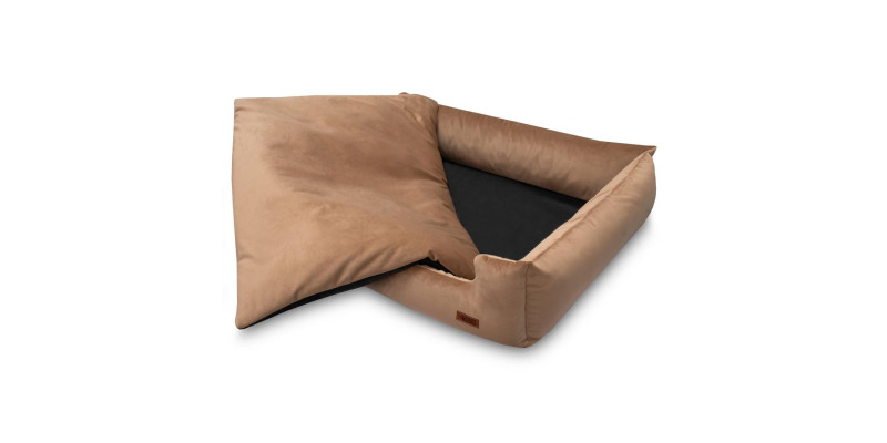 Stylowe legowisko HUGGY DOGGY Haven beżowe z wyjmowaną poduszką dla psa Pomeranian, nowoczesny design, klasa premium