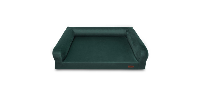 Elegancki materac HUGGY DOGGY Harmony zielony dla Mopsa, stylowe legowiska dla psów z weluru