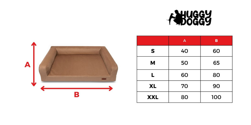 Tabela rozmiarów legowiska HUGGY DOGGY Harmony beżowe, dostępne opcje dla różnych ras psów