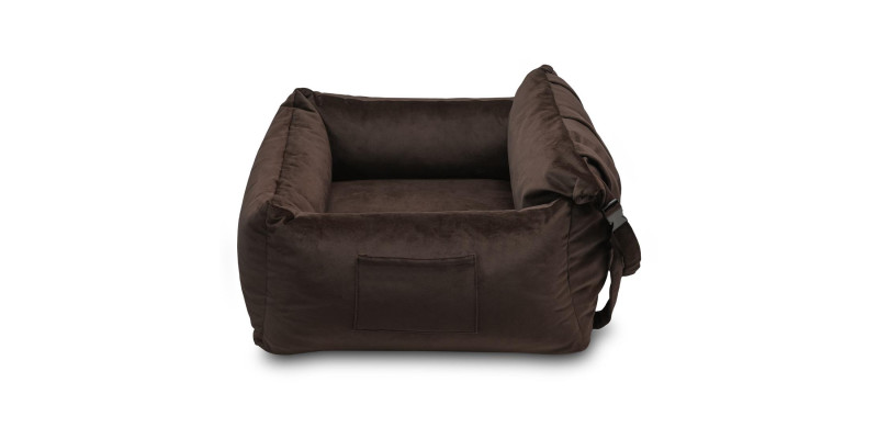 fotelik samochodowy dla psa transporter do auta HUGGY DOGGY york maltańczyk welurowy brąz