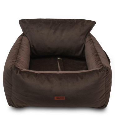 brązowy fotelik samochodowy dla psa transporter do auta HUGGY DOGGY york buldog owczarek