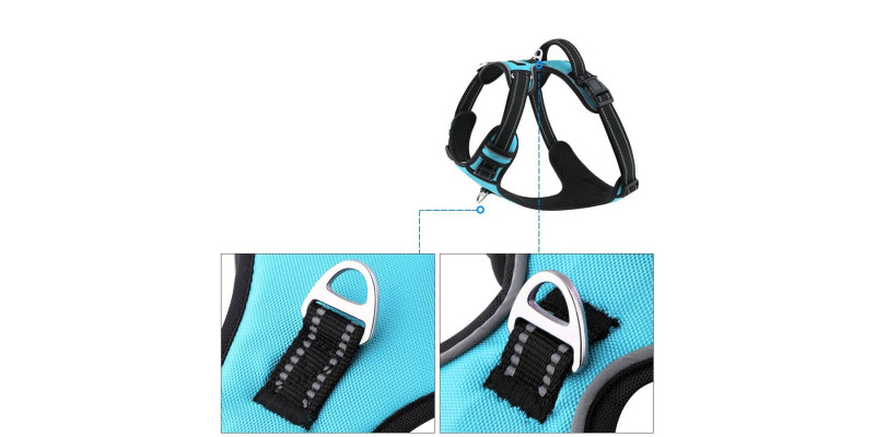 Niebieskie szelki dla psa od HUGGY DOGGY, łatwe w zakładaniu dzięki innowacyjnemu designowi