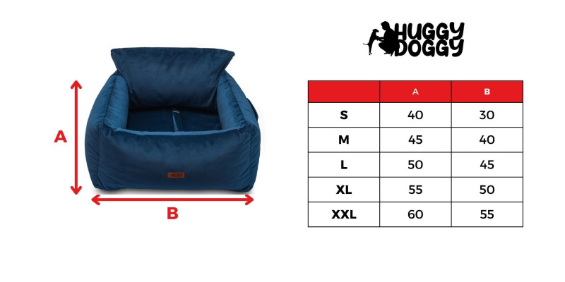 tabela rozmiarów fotelika transportera dla psów HUGGY DOGGY Snug granatowy