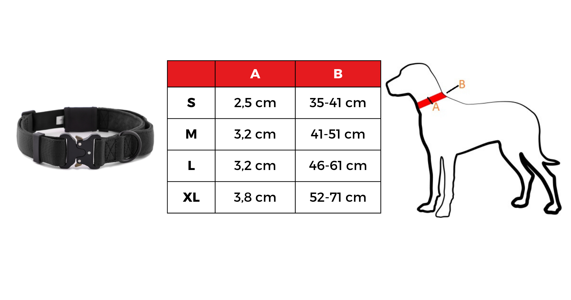 Tabela rozmiarów szerokiej obroży czarnej Alpha