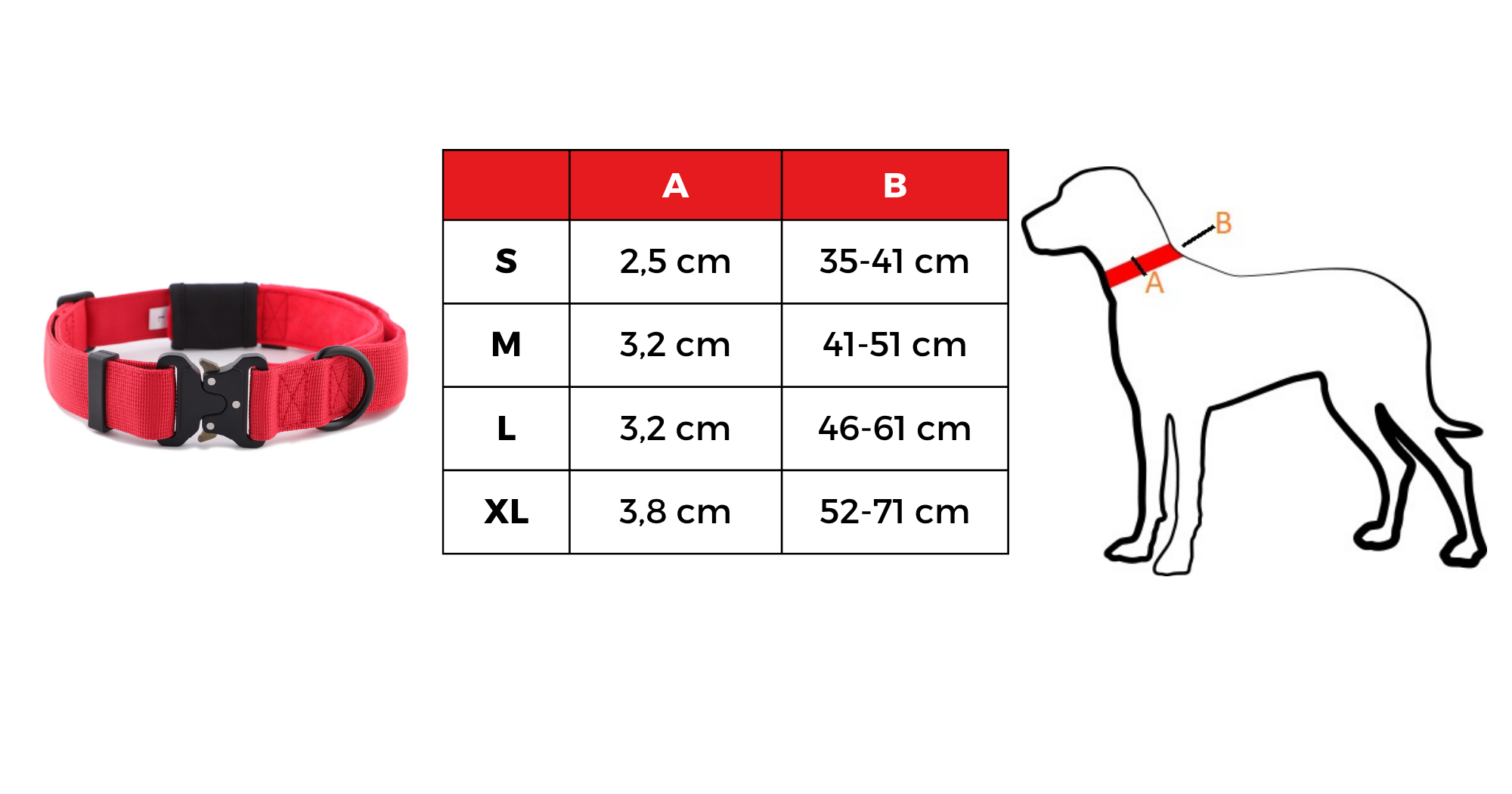 Tabela rozmiarów szerokiej czerwonej obroży Alpha