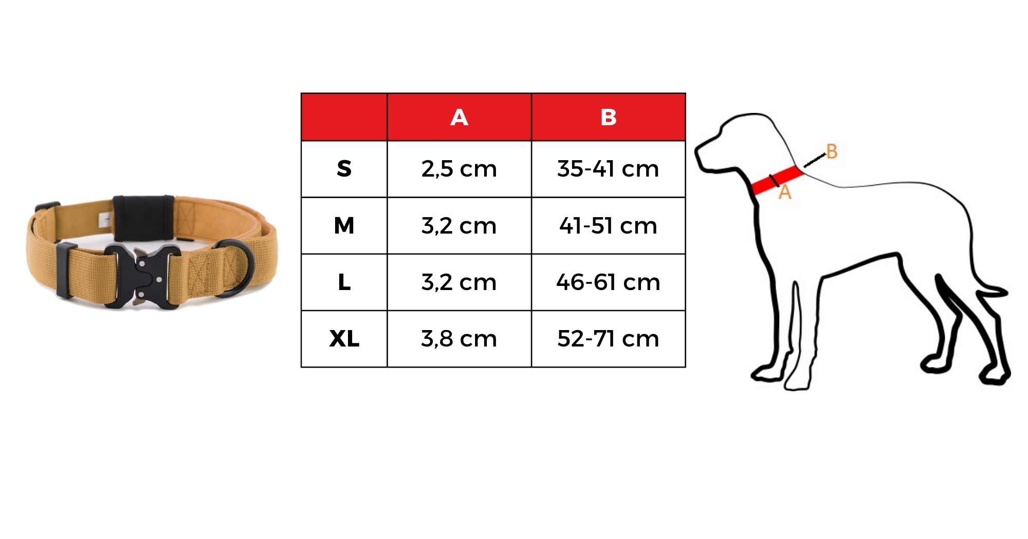 Tabela rozmiarów szerokiej obroży Khaki Alpha