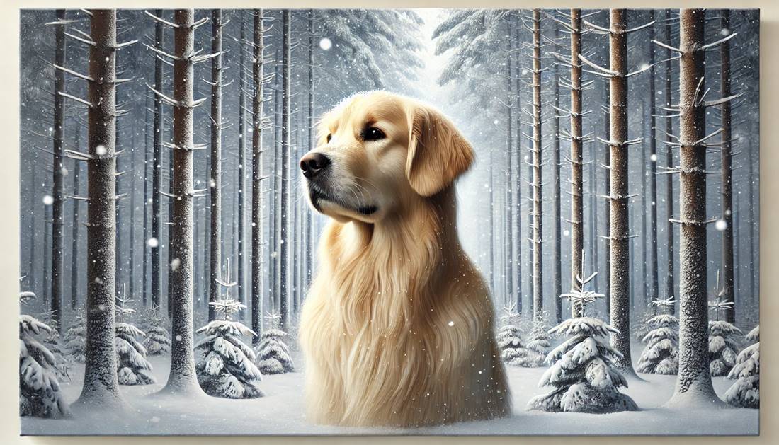 Golden Retriever stojący w ośnieżonym lesie, z długą, złotą sierścią, otoczony przez drzewa pokryte śniegiem, w spokojnej zimowej scenerii.